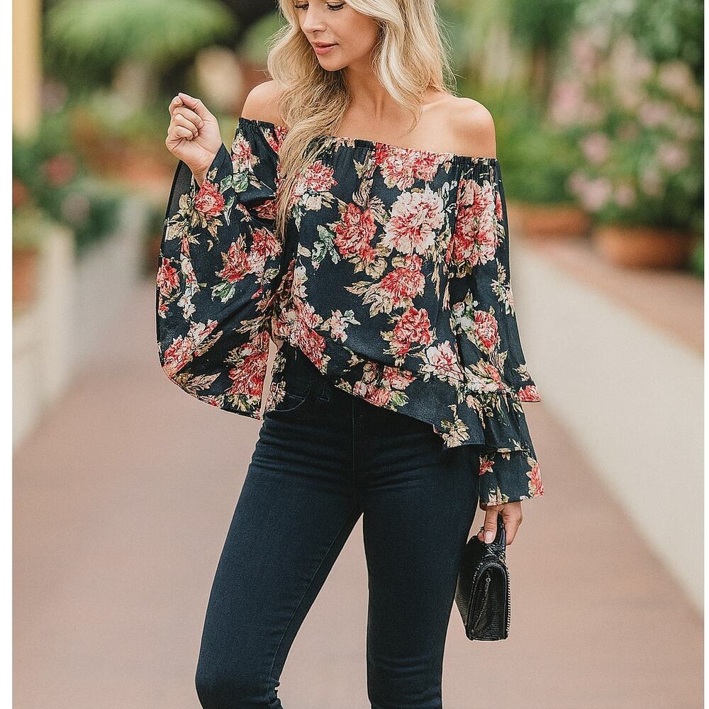 LPA Floral Black Linen Bodysuit Drop Shoulder Wide Bell Sleeves – Size Small